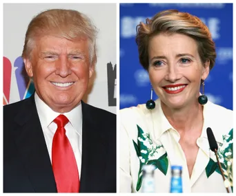 Two separate images side by side; a man in a suit and a woman in a floral shirt smiling at an event.