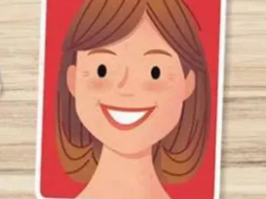 Animated illustration of a smiling woman with short brown hair on a red background.
