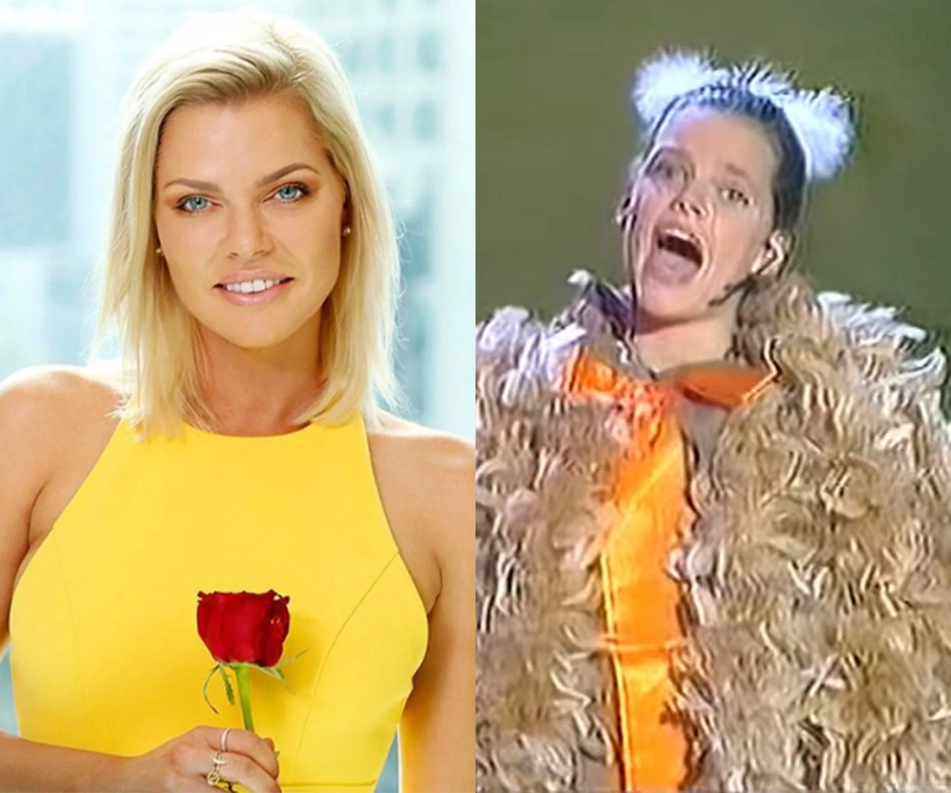Sophie Monk in a yellow dress holding a rose on the left; in a fluffy costume, singing on the right.
