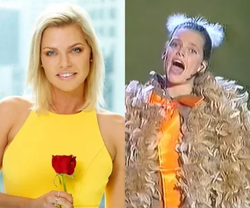 Sophie Monk in a yellow dress holding a rose on the left; in a fluffy costume, singing on the right.