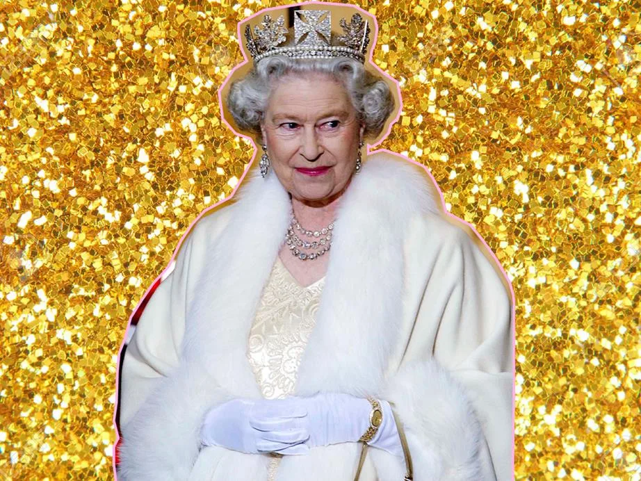 A regal woman in a crown and white fur coat stands against a shimmering gold background.