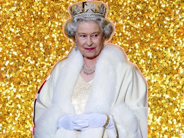 A regal woman in a crown and white fur coat stands against a shimmering gold background.