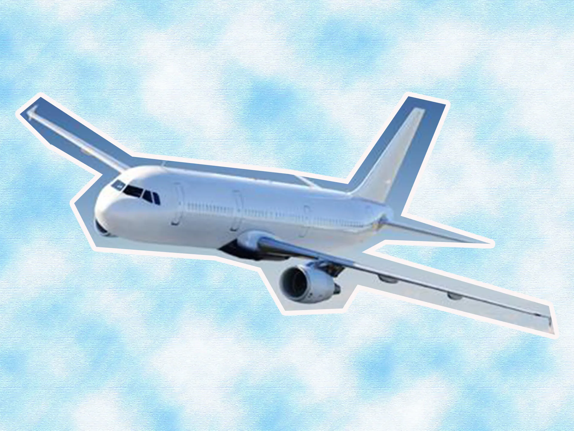 Alt text: "Illustration of a commercial airplane flying against a cloudy blue sky background."