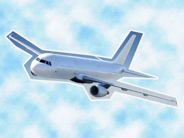 Alt text: "Illustration of a commercial airplane flying against a cloudy blue sky background."