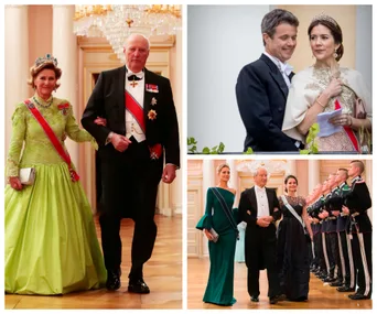 Royal family members attend a formal event, wearing elegant gowns and tuxedos, in a grand, chandelier-lit venue.