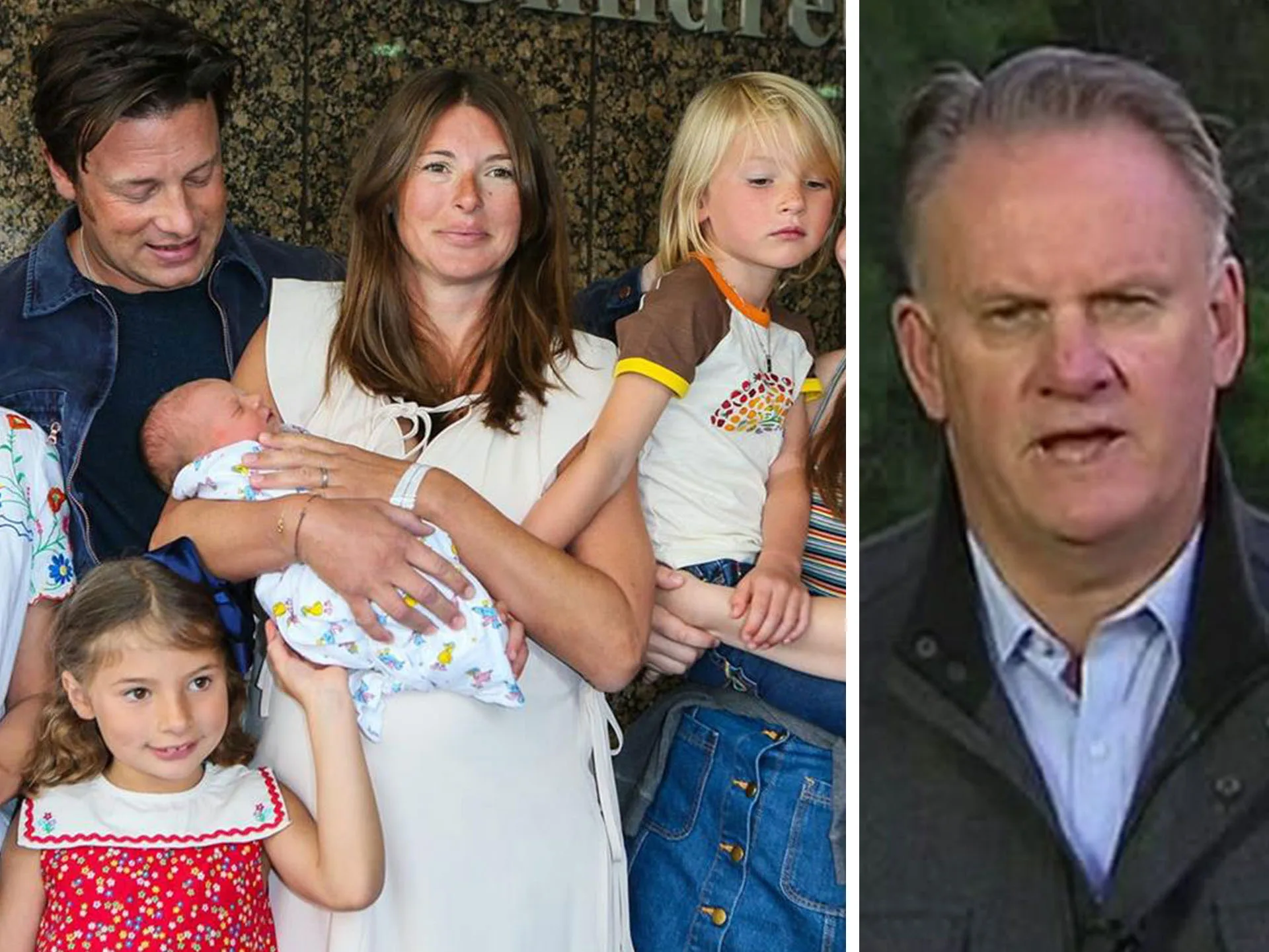 A family photo with a man, woman, three children and a baby on the left; a man speaking on the right.