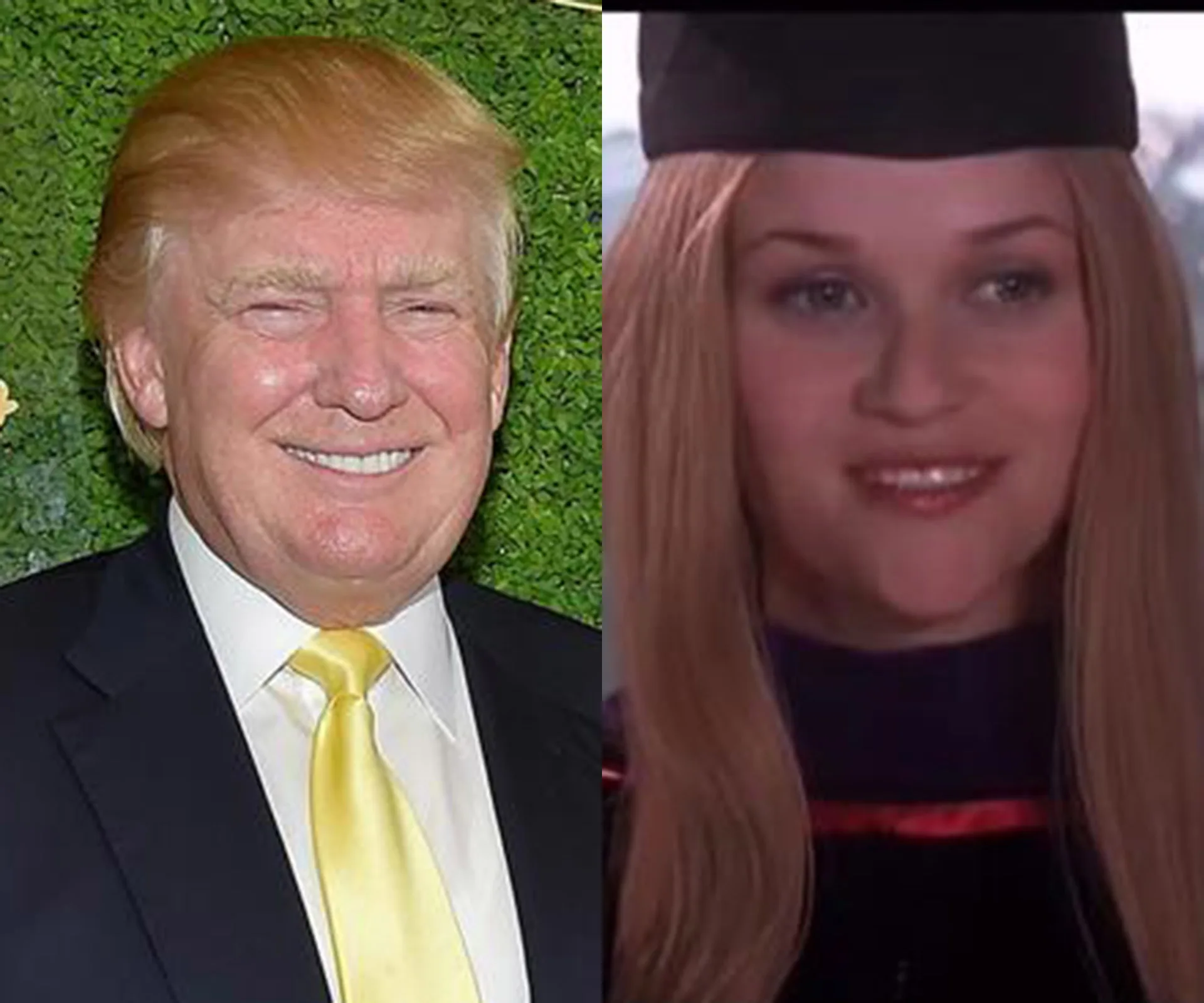 Two side-by-side images: a man in a suit and a blonde woman in a graduation cap, smiling.