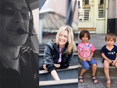 "Collage of a man with headset, a smiling woman outdoors, and two young children sitting on steps."