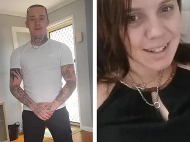 Man with tattoos in white shirt, standing indoors; woman smiling, wearing a necklace, indoors.