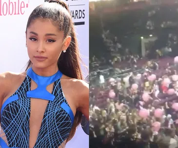 Ariana Grande at an event; concert scene with crowd and balloons in a stadium setting.