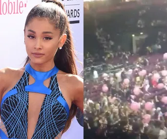 Ariana Grande at an event; concert scene with crowd and balloons in a stadium setting.
