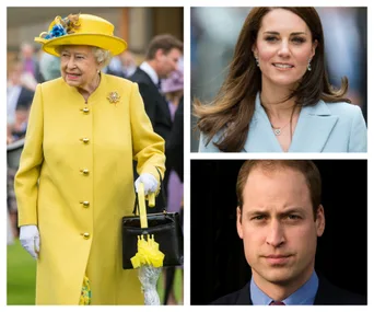 Queen Elizabeth in yellow, with others in formal attire.