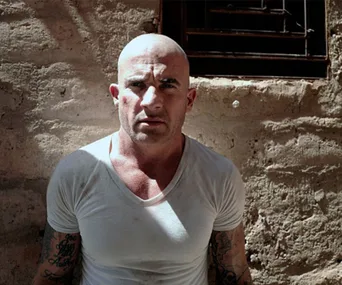 A man with a shaved head in a white t-shirt stands against a sunlit brick wall, looking directly at the camera.