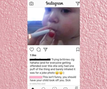 A child holding a cigarette with a caption defending the act as a joke on Instagram.