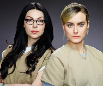 Two women in prison uniforms from "Orange Is the New Black," standing side by side with serious expressions.