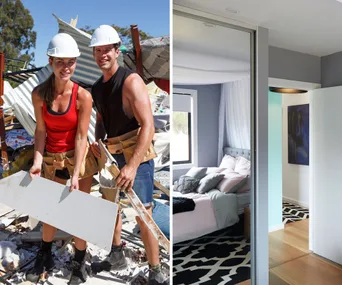 "Left: Two construction workers in hard hats at a demolition site. Right: Modern interior bedroom with a bed and rug."