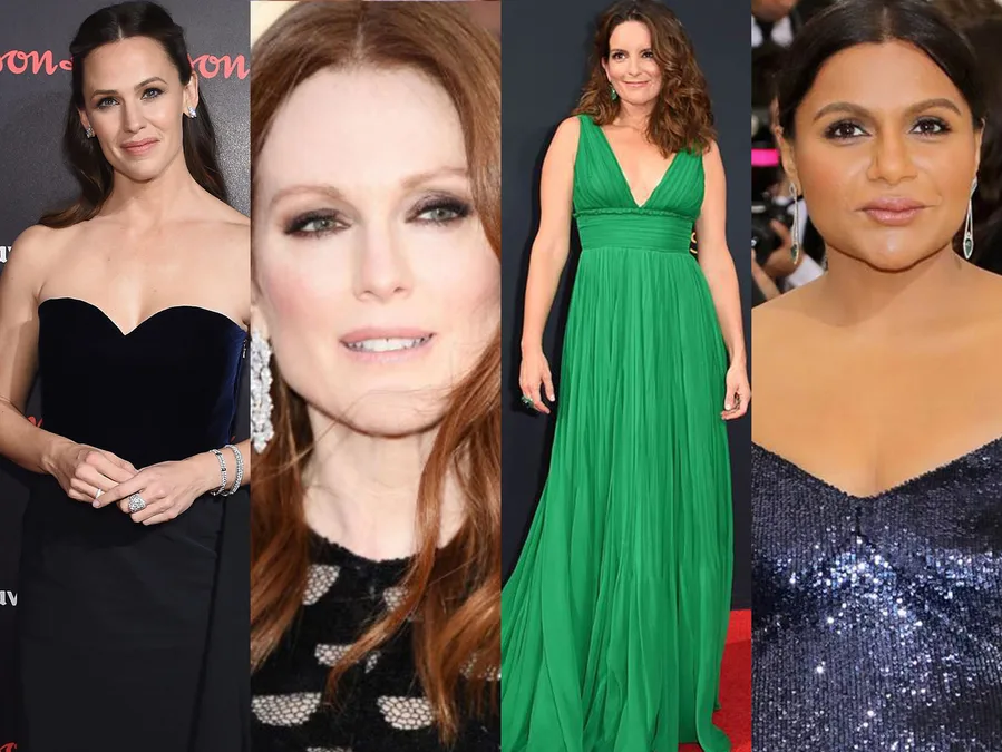 Four women at a red carpet event, wearing elegant dresses, posing individually.