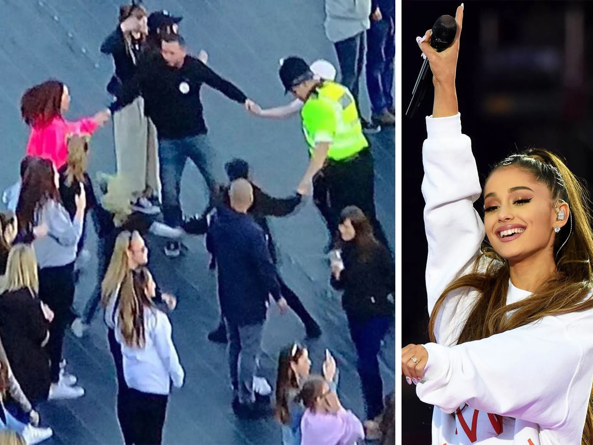 Police officer dances with attendees at One Love Manchester; Ariana Grande performs, smiling with microphone raised.