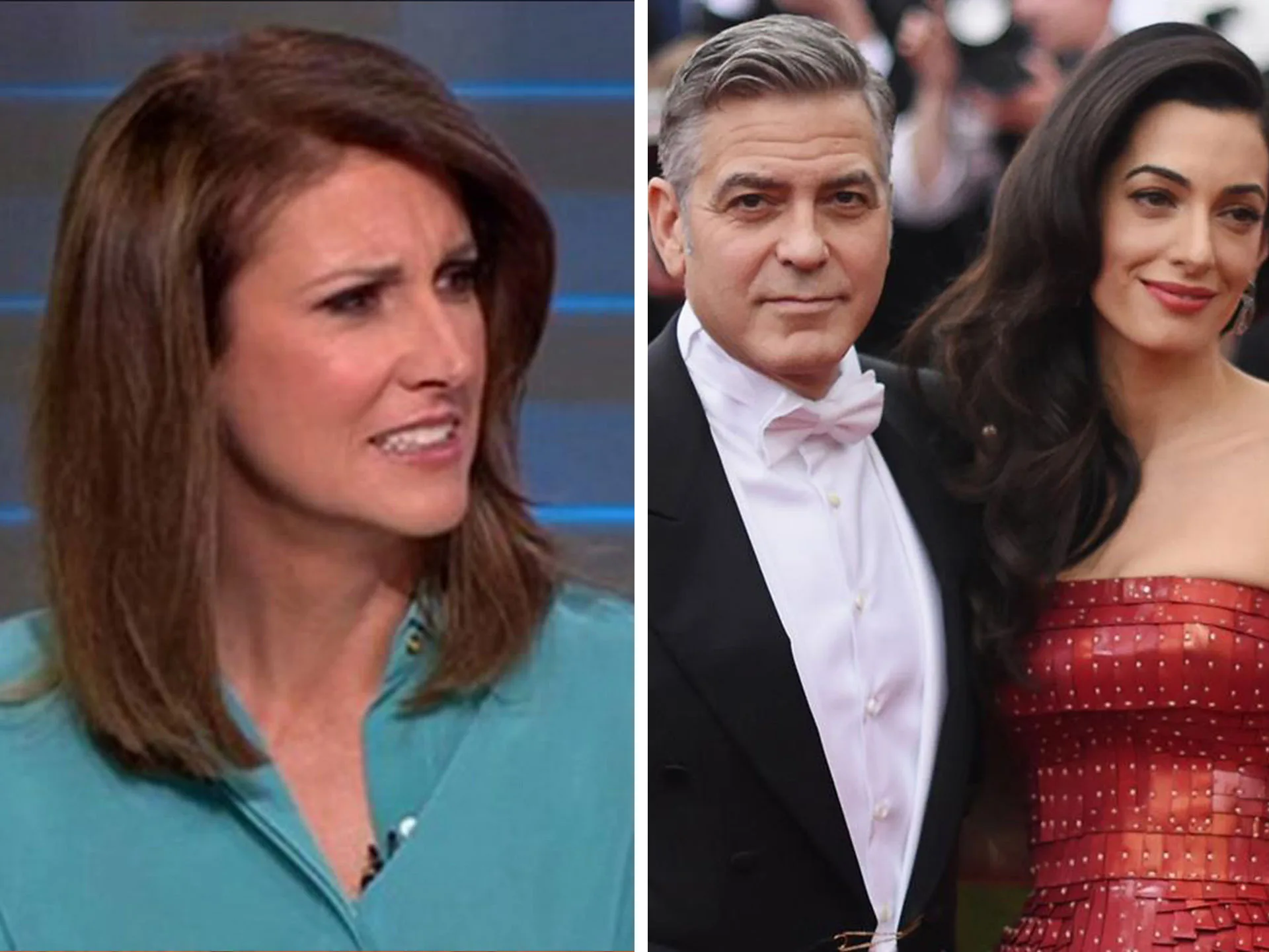 "TV host frowning at left, couple in formal attire with woman in red dress and man in tuxedo smiling at right."