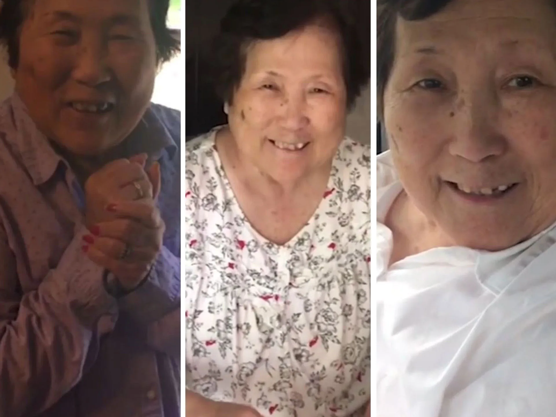 Three images of an elderly woman smiling; she wears different shirts, showing joyful expressions.