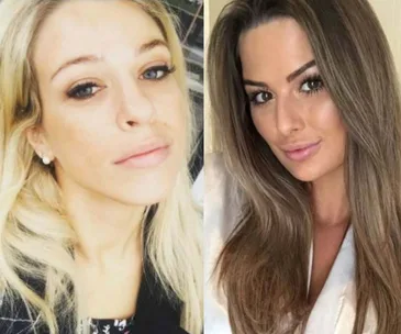 Two women posing for individual selfies with neutral expressions, one blonde and one with brown hair.