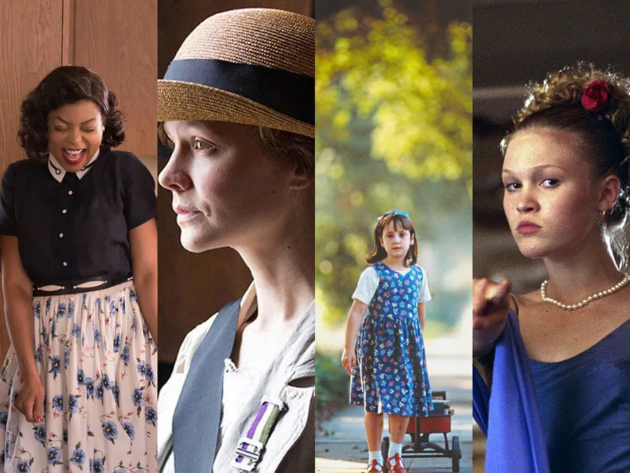 Four movie characters: a joyful woman in 50s attire, a woman in a straw hat, a girl in a floral dress, and a determined teen.