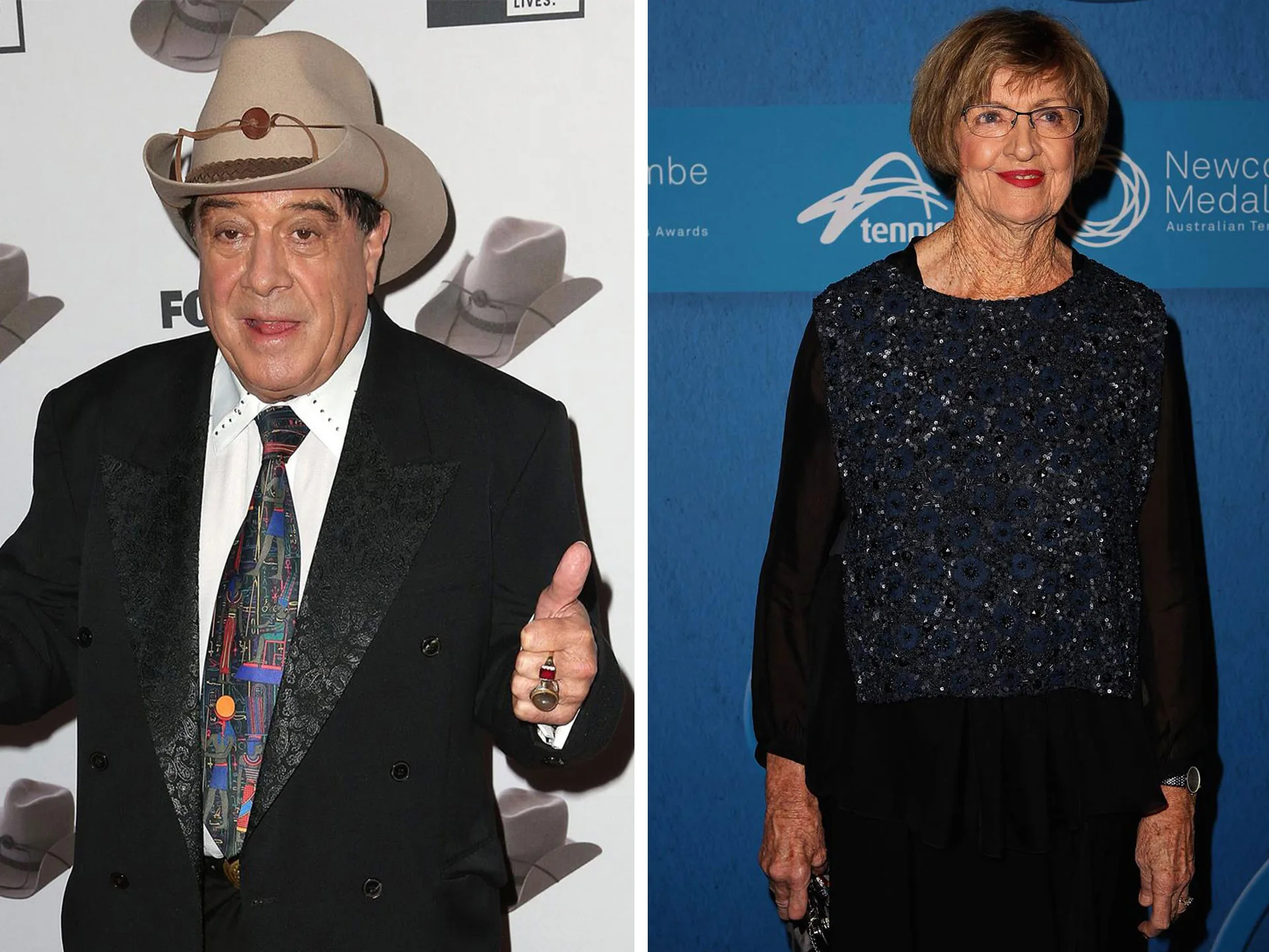 Man in cowboy hat thumbs up beside woman in dark blouse on red carpet.