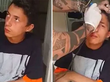 Young man sitting while receiving a tattoo on his forehead in two side-by-side images.