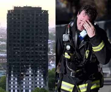 Burnt Grenfell Tower beside an emotional firefighter wiping his face after the tragedy.