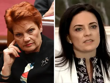 Two women in a split image, one with red hair in a suit, the other with dark hair in a patterned blouse.