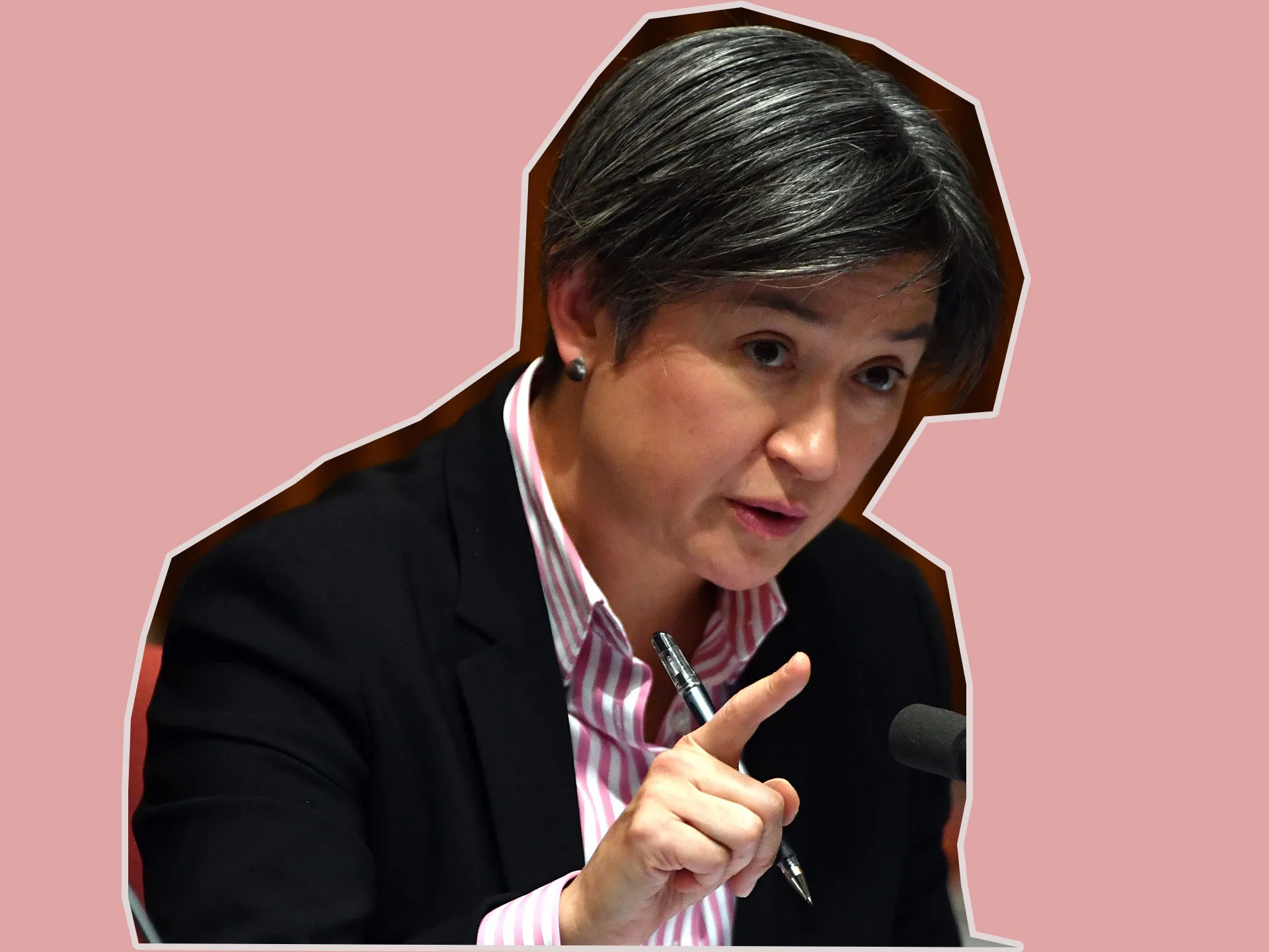 A person speaks assertively, holding a pen and gesturing near a microphone, cut-out style on a pink background.