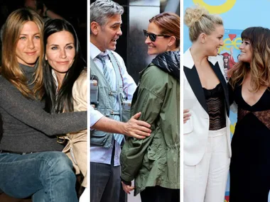 Three pairs of celebrity co-stars from different movies and shows, hugging and smiling at events and on set.