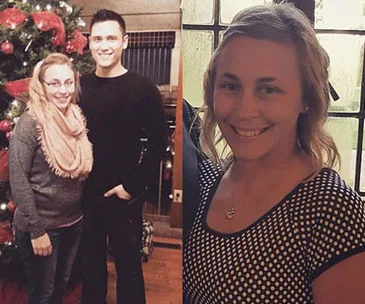 A woman is standing beside a man in front of a Christmas tree; another photo shows her smiling near a window.
