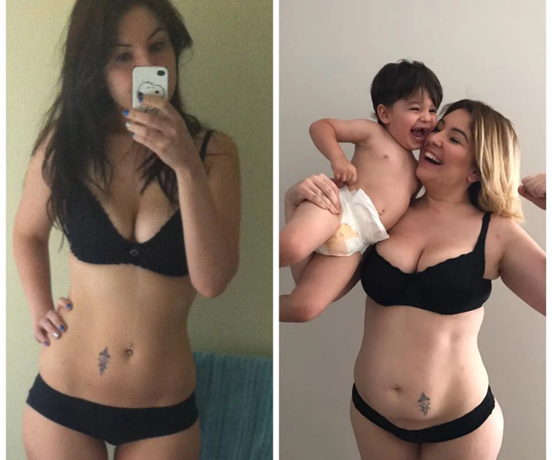 Two side-by-side images of a woman: first solo, second smiling with a playful child, both in underwear.