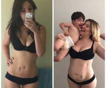 Two side-by-side images of a woman: first solo, second smiling with a playful child, both in underwear.