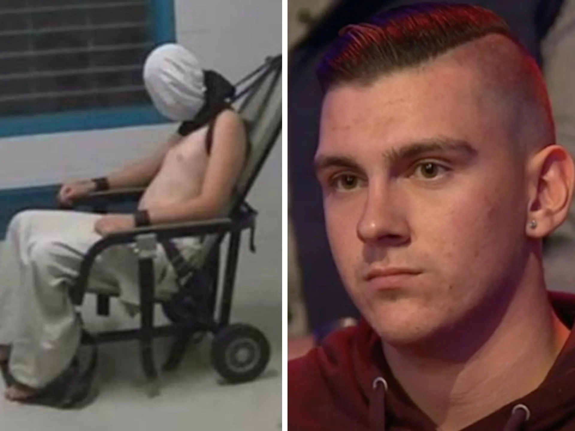 Youth in detention chair with covered head, young man with short hair and serious expression.