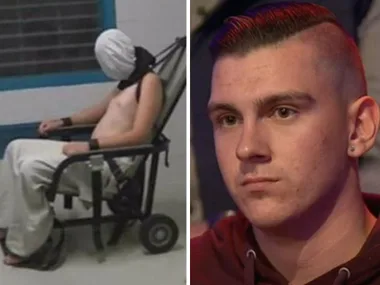 Youth in detention chair with covered head, young man with short hair and serious expression.