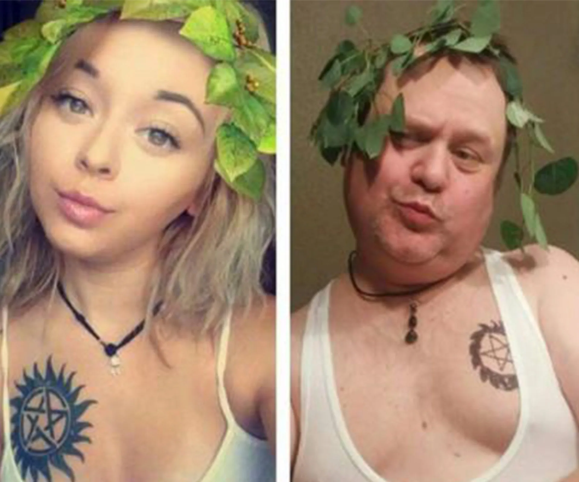 Father humorously recreates daughter's selfie with leaves as a headpiece, wearing a tank top and necklace in both images.