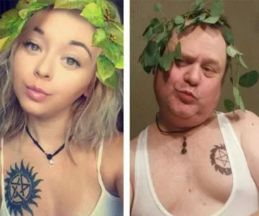 Father humorously recreates daughter's selfie with leaves as a headpiece, wearing a tank top and necklace in both images.