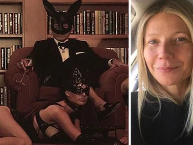 Two images: one shows a person in a suit and rabbit mask with a woman on the floor; the other is a casual selfie of a woman.