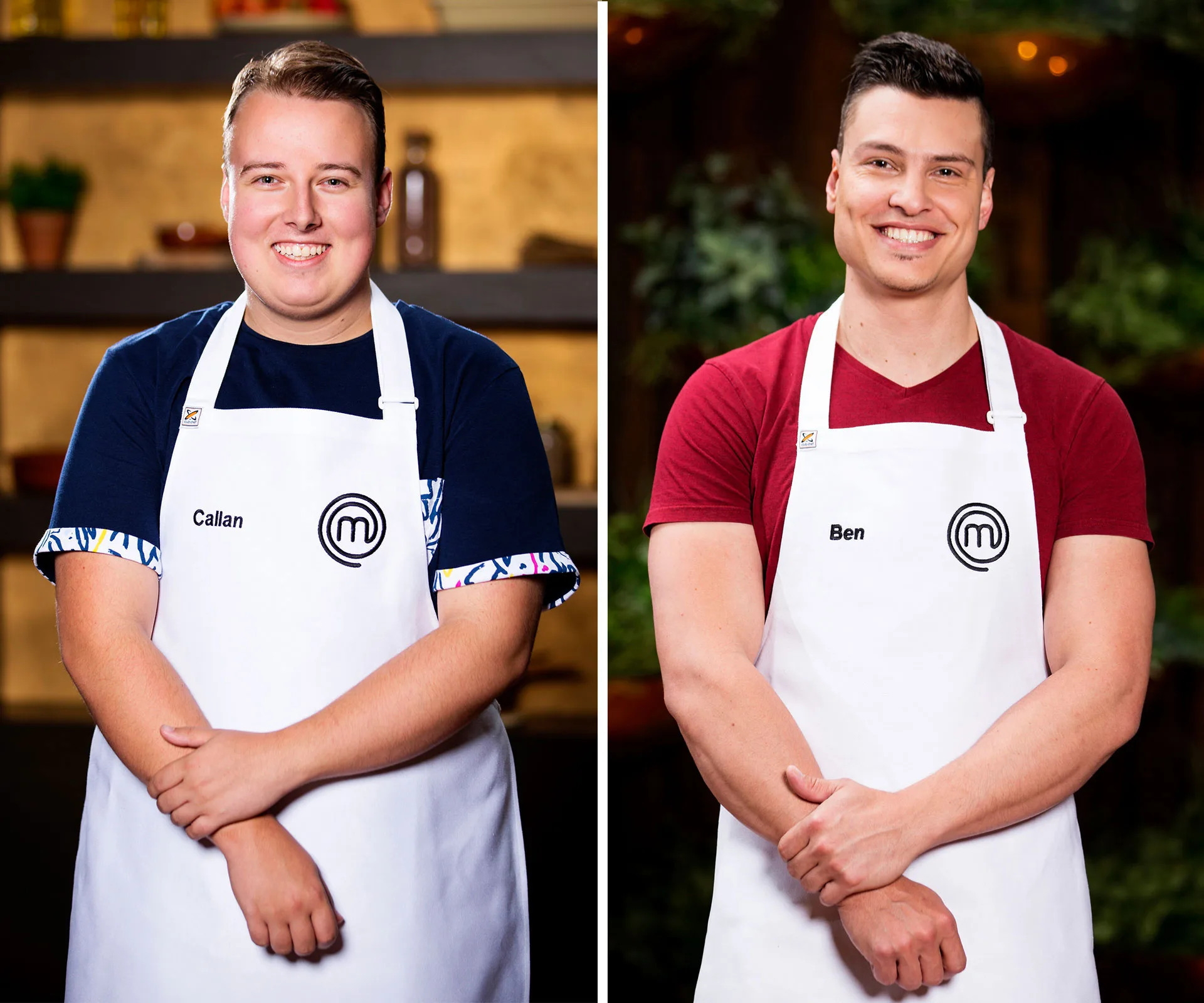 "MasterChef contestants Callan and Ben posing in aprons, smiling on the set."