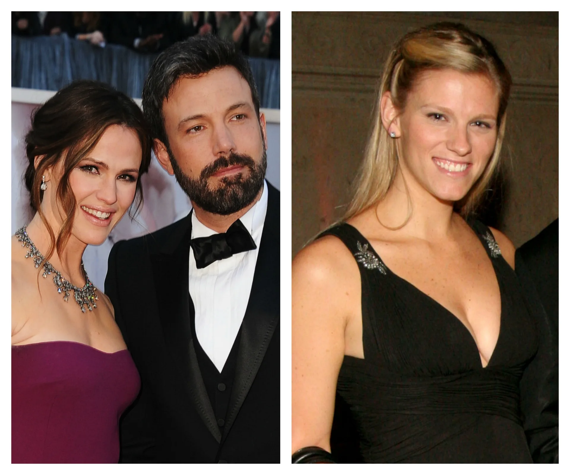 "Two images: on the left, a couple posing at an event; on the right, a smiling woman in a black dress."
