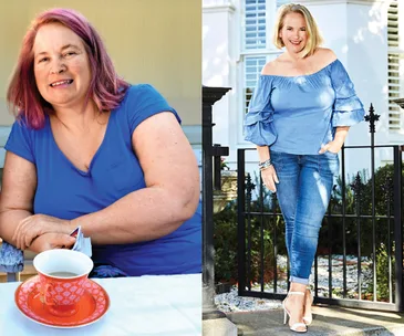 Before and after weight loss photos of a woman wearing blue tops, smiling, posing indoors and outdoors.