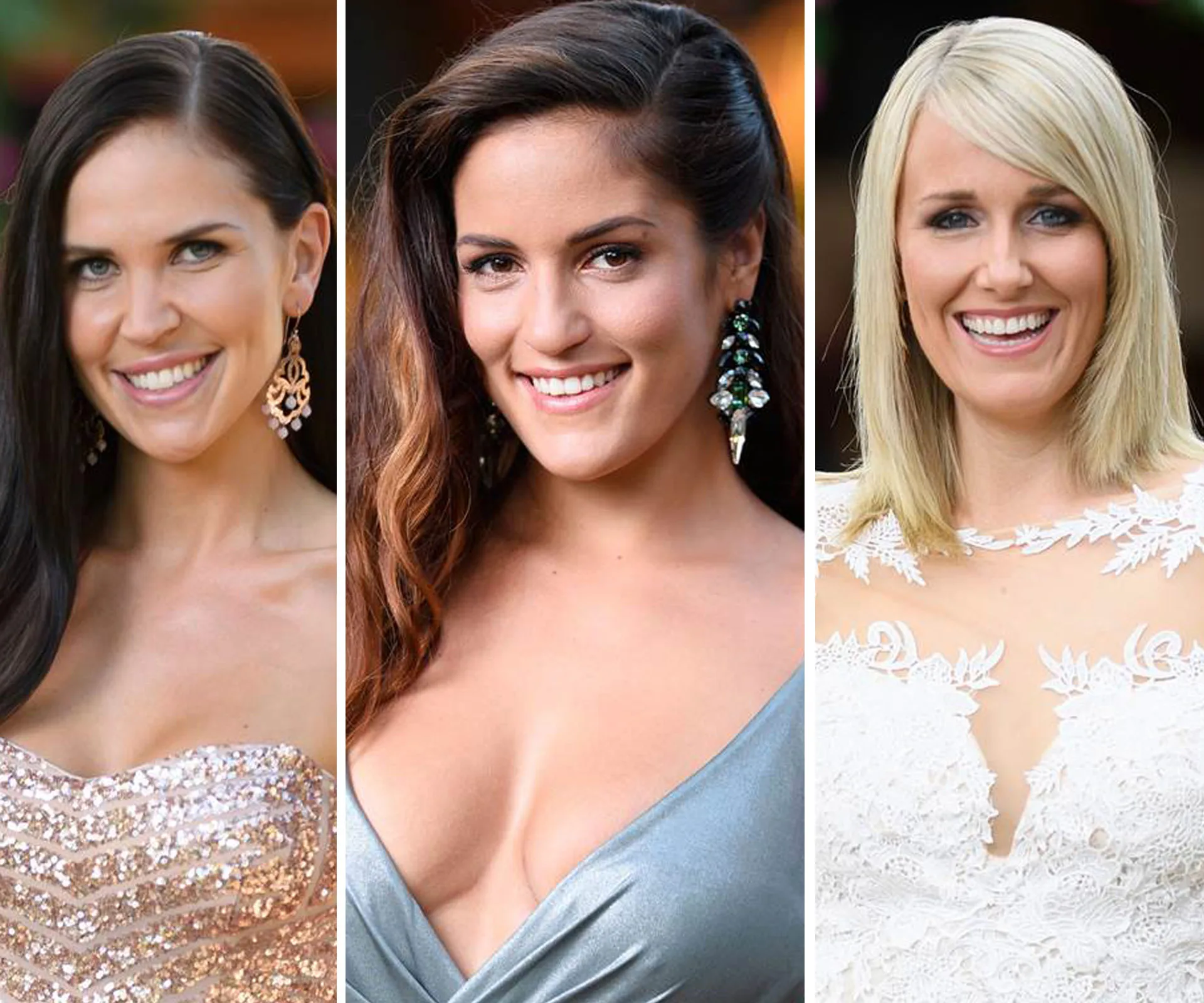 Three women from a reality show posing separately in glamorous dresses and earrings, smiling at the camera.