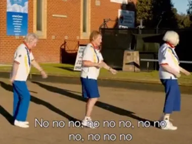Elderly women in bowling outfits dance outdoors, captioned "No no no, no no no, no no no, no no no."