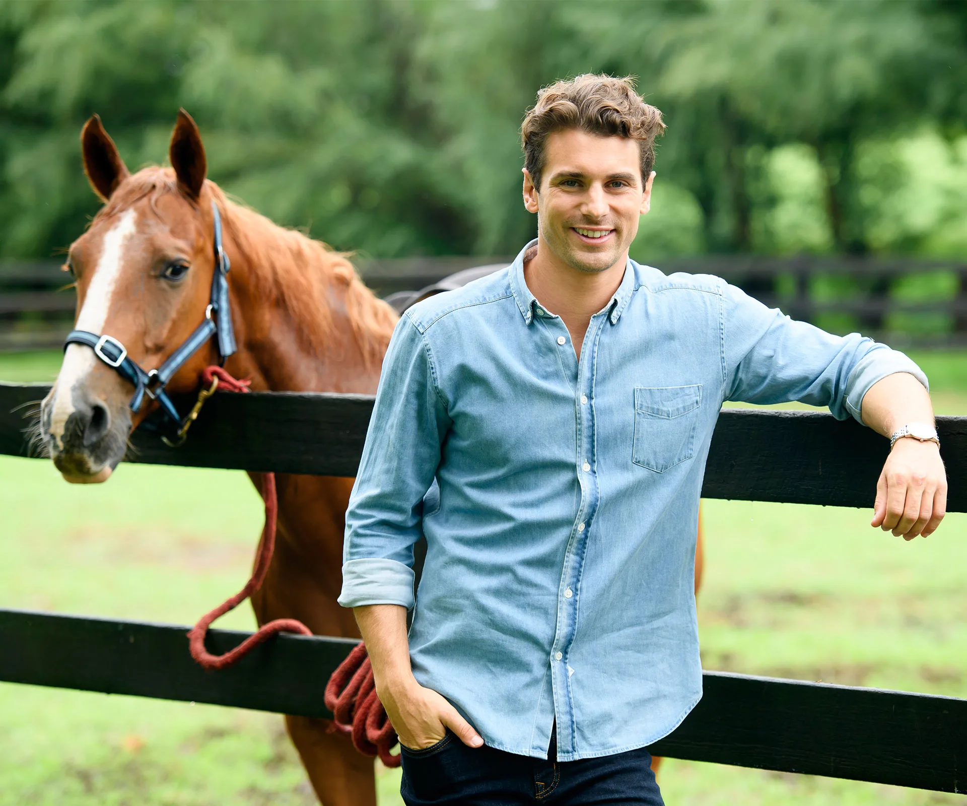 A man in a denim shirt leans on a fence beside a horse in a lush green field.