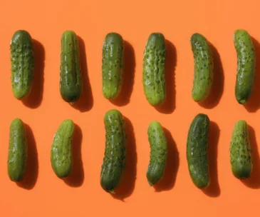 Twelve green pickles arranged in three rows on an orange background.