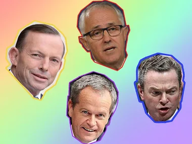 "Collage of four politicians' faces on a rainbow gradient background related to same-sex marriage plebiscite voting."