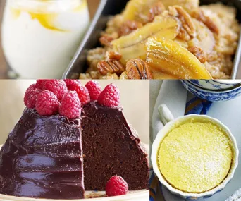 Assorted slow-cooker desserts: banana pecan oatmeal, chocolate cake with raspberries, lemon pudding, and parfait.