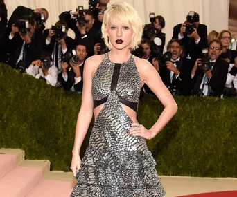 A person in a silver patterned gown with photographers in the background.
